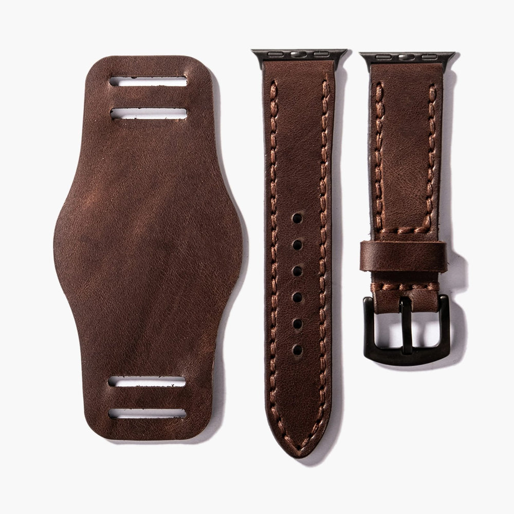 Acı Kahve Bund Çift Katlı Deri Apple Watch Kayışı — Apple Watch deri kayışta el dikişi detayı
