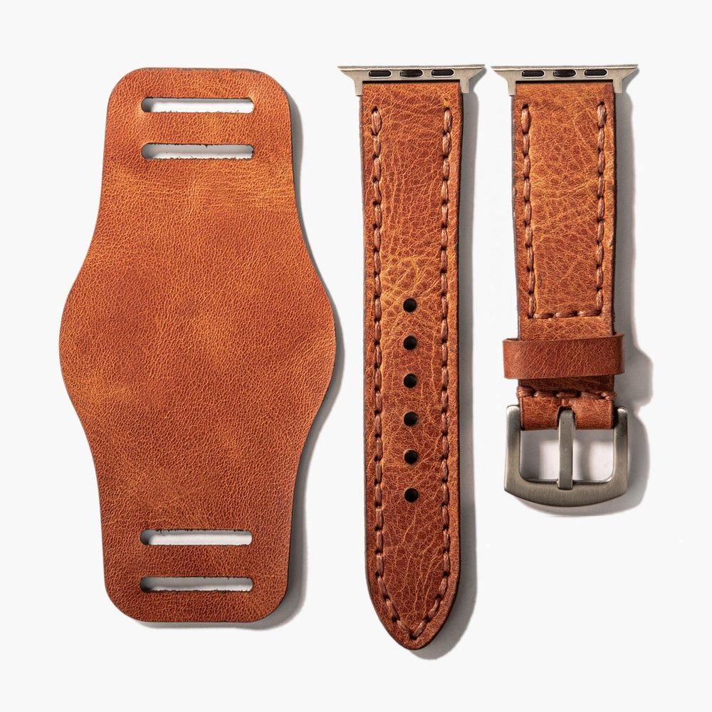 Camel Bund Çift Katlı Deri Apple Watch Kayışı — Apple Watch deri kayışta el dikişi detayı