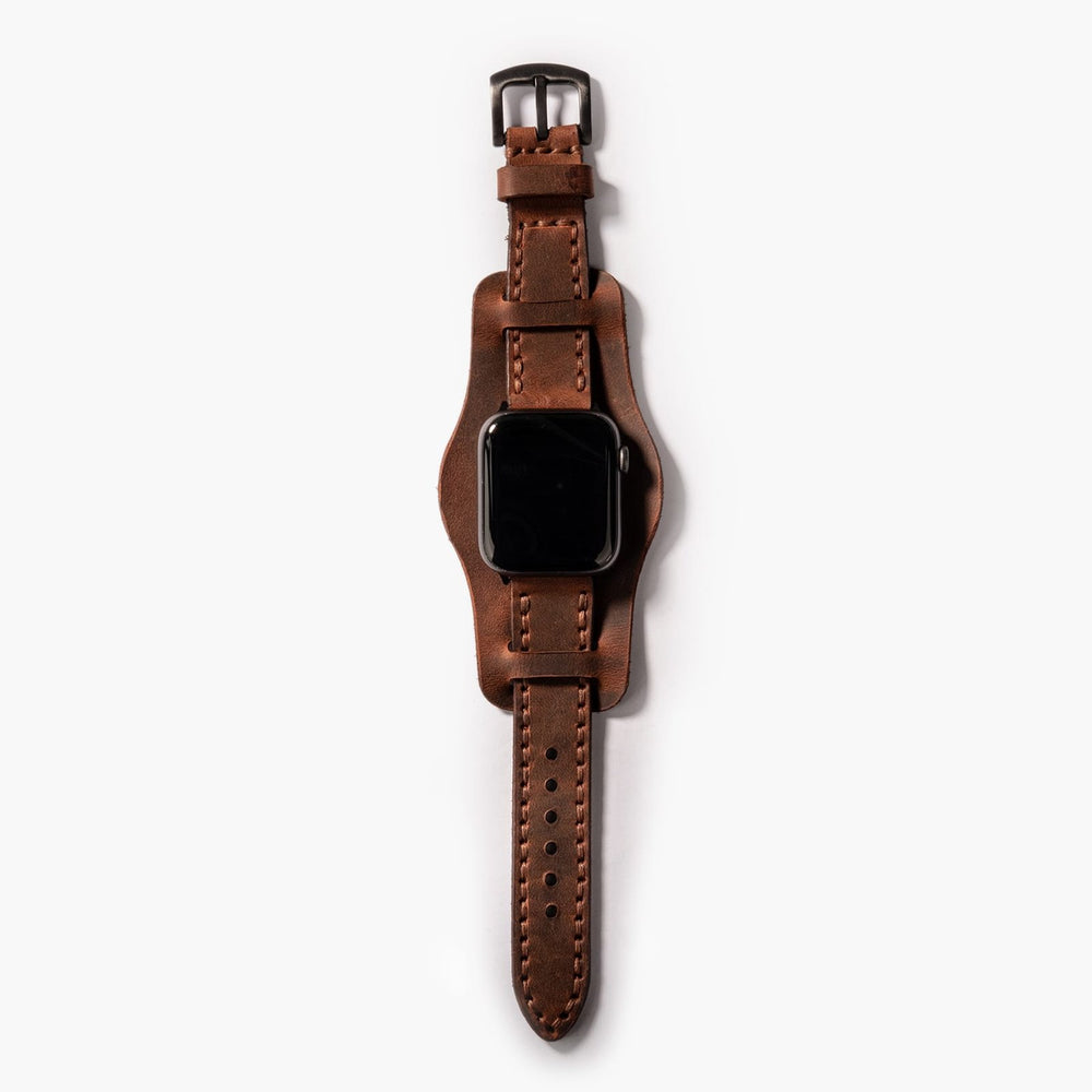 Kahve Bund Çift Katlı Deri Apple Watch Kayışı — Bund çift kat deri kordonun dolgun yapısı