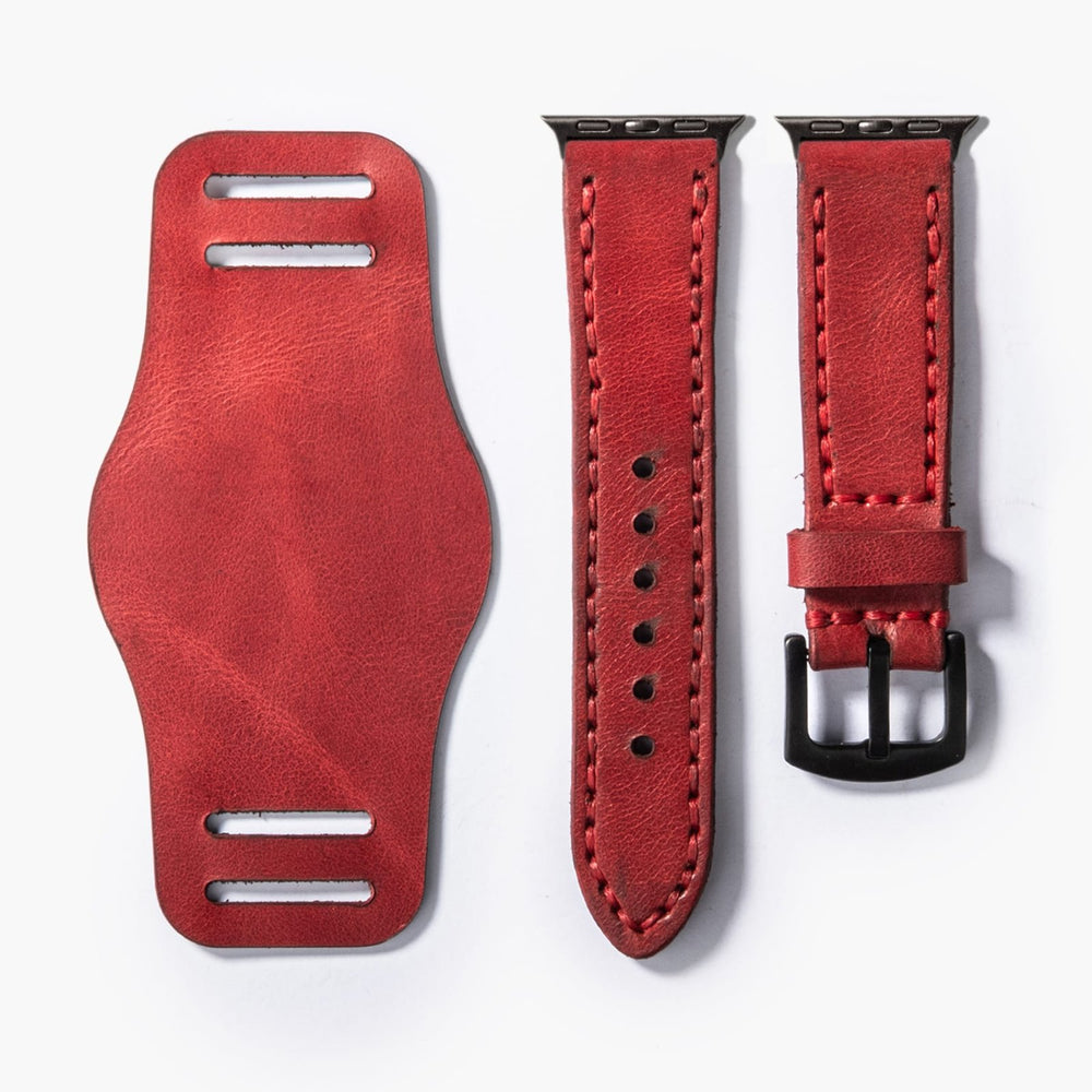 Kırmızı Bund Çift Katlı Deri Apple Watch Kayışı — Apple Watch deri kayışta el dikişi detayı
