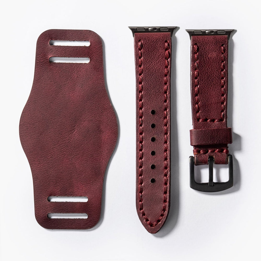 Mürdüm Bund Çift Katlı Deri Apple Watch Kayışı — Apple Watch deri kayışta el dikişi detayı