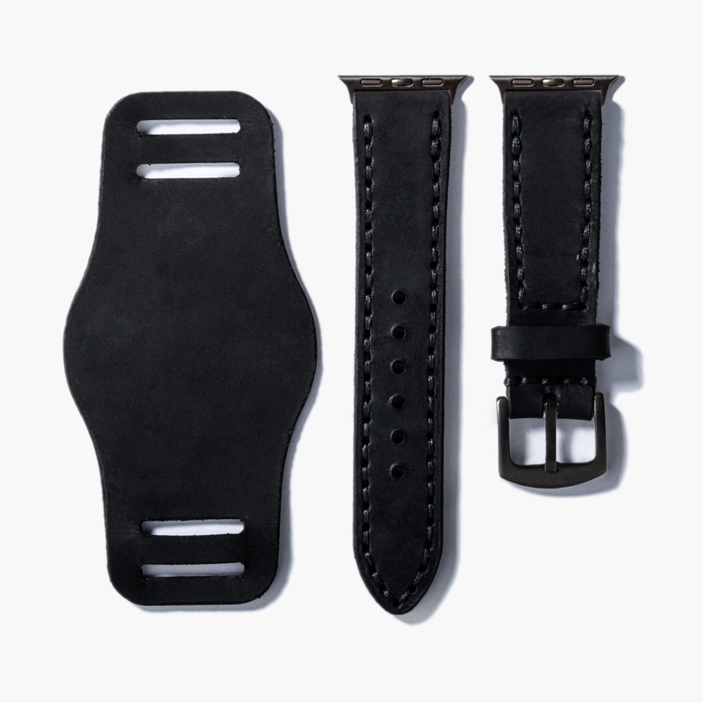 Siyah Bund Çift Katlı Deri Apple Watch Kayışı — Apple Watch deri kayışta el dikişi detayı