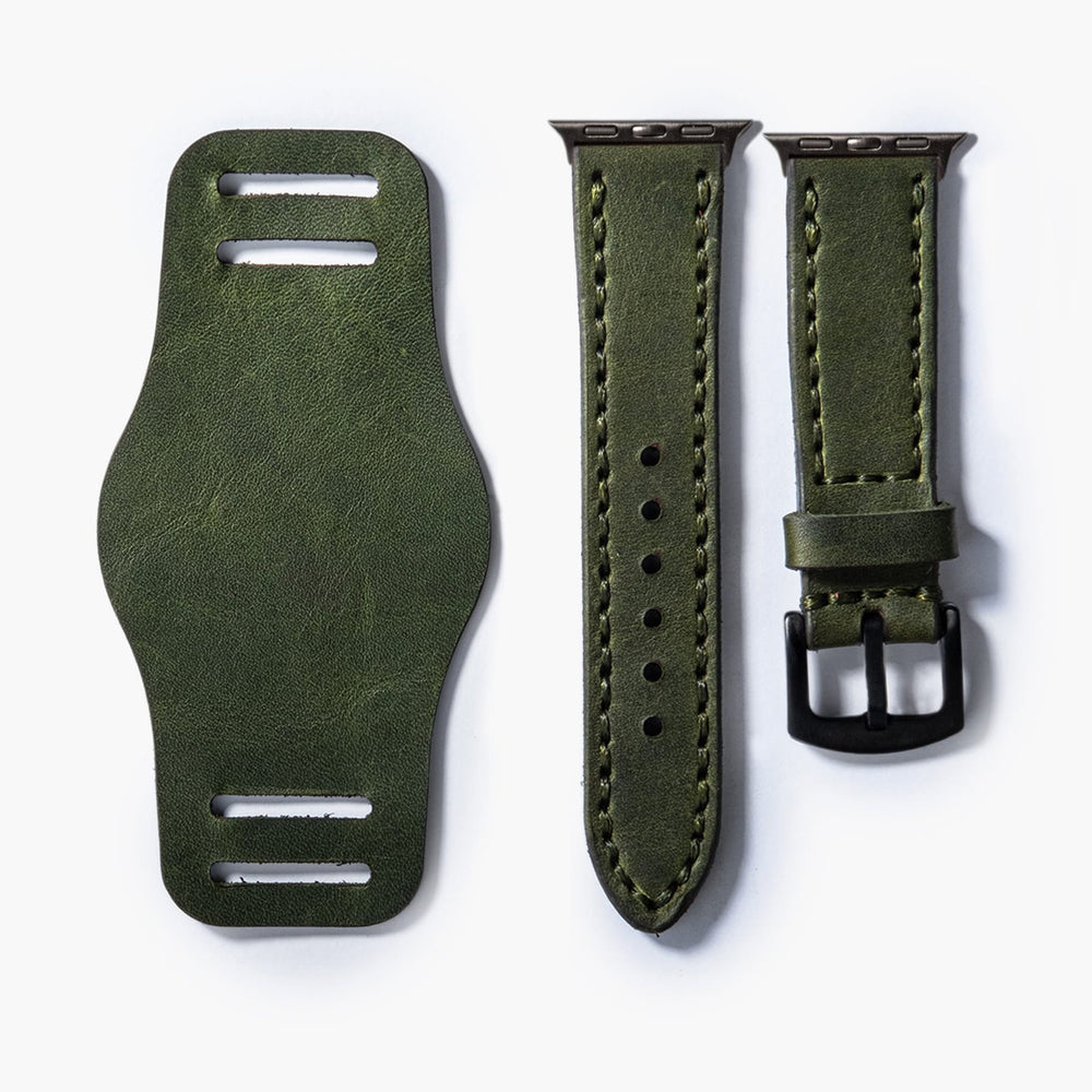 Yeşil Bund Çift Katlı Deri Apple Watch Kayışı — Apple Watch deri kayışta el dikişi detayı