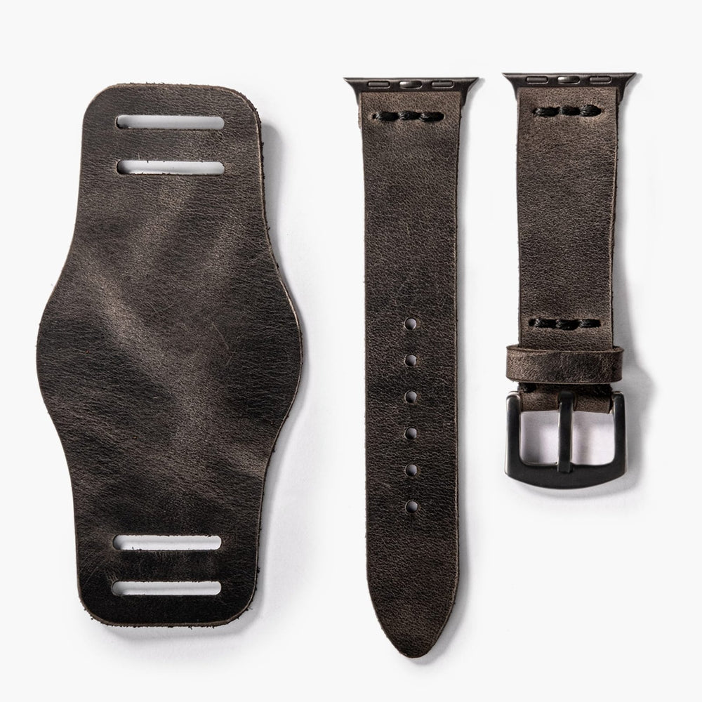 Antrasit Bund Tek Katlı Deri Apple Watch Kayışı — Apple Watch deri kayışta el dikişi detayı