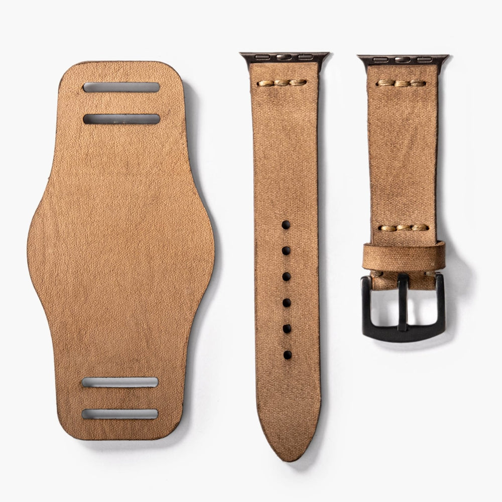 Bej Bund Tek Katlı Deri Apple Watch Kayışı — Apple Watch deri kayışta el dikişi detayı