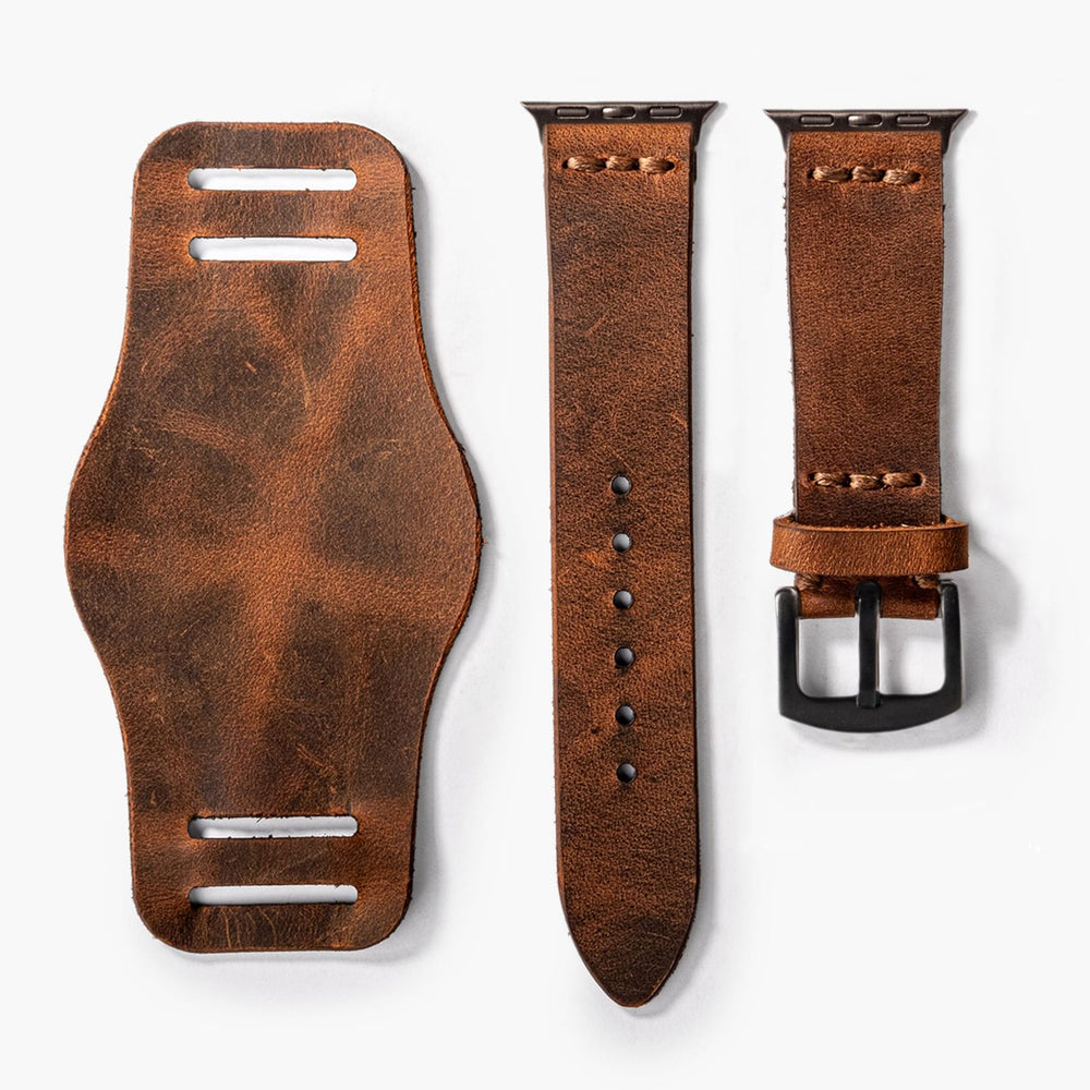 Kahve Bund Tek Katlı Deri Apple Watch Kayışı — Apple Watch deri kayışta el dikişi detayı