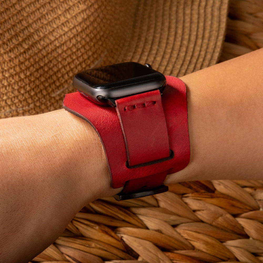 Kırmızı Bund Tek Katlı Deri Apple Watch Kayışı — Bund Apple Watch kayışının çıkarılabilir alt parçası