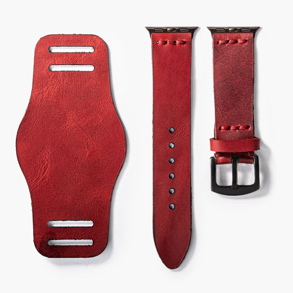 Kırmızı Bund Tek Katlı Deri Apple Watch Kayışı — Apple Watch deri kayışta el dikişi detayı