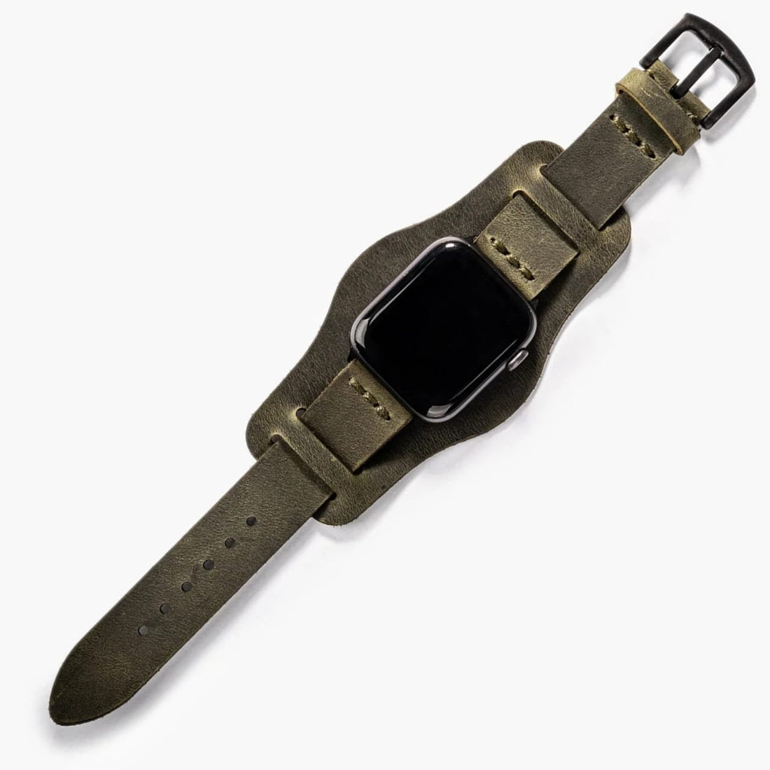 Bund Tek Katlı Deri Apple Watch Kayışı Yeşil deri saat kordonu