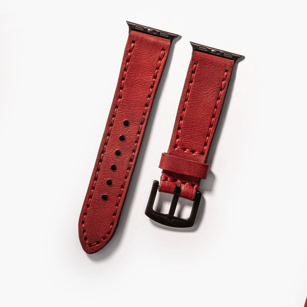 Kırmızı Çift Kat Deri Apple Watch Kayışı — Çift kat deri Apple Watch kordonunun dolgun yapısı
