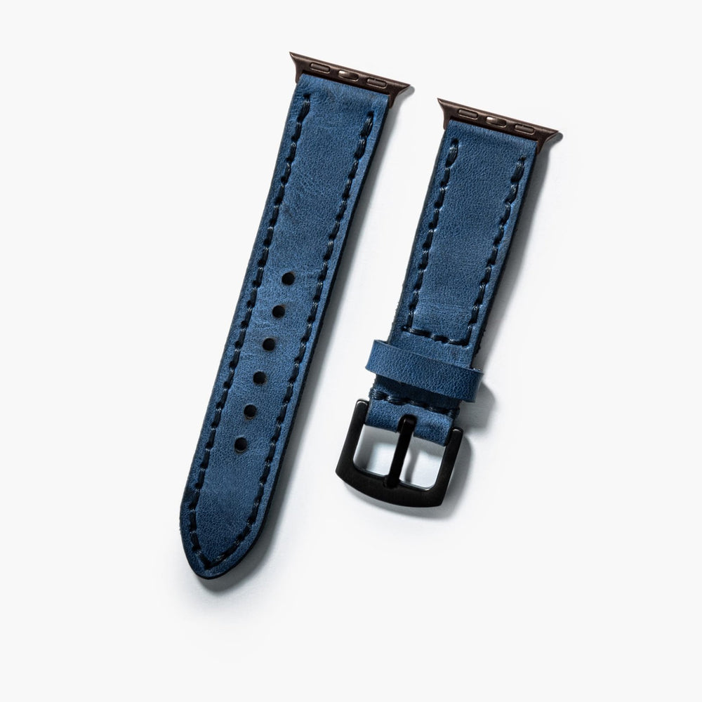 Mavi Çift Kat Deri Apple Watch Kayışı — Apple Watch deri kayışta el dikişi detayı
