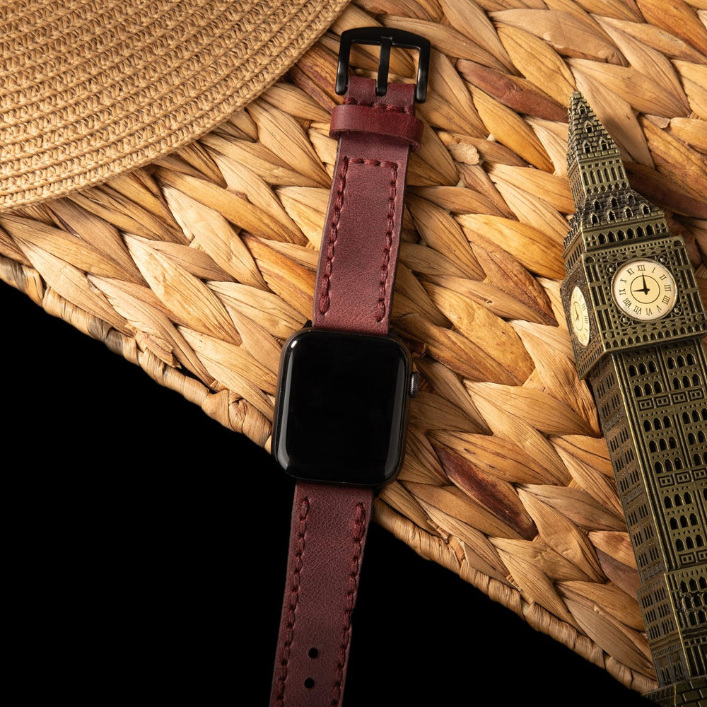 Mürdüm Çift Kat Deri Apple Watch Kayışı — Apple Watch deri kayışının paslanmaz çelik tokası
