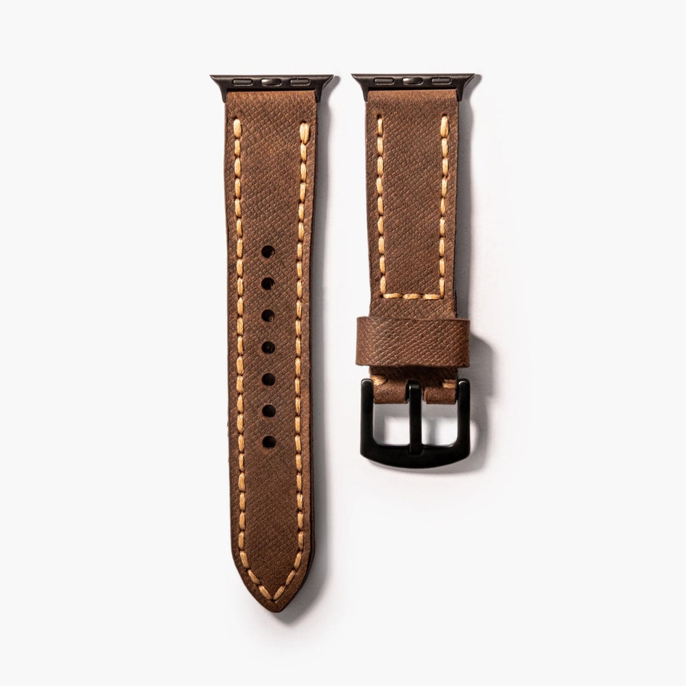 Saffiano Kahve Çift Kat Deri Apple Watch Kayışı — Apple Watch deri kayışının paslanmaz çelik tokası