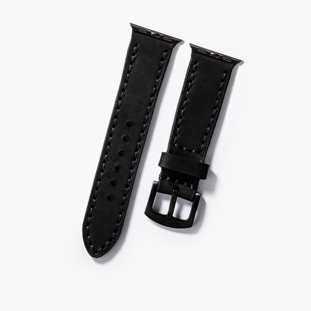 Siyah Çift Kat Deri Apple Watch Kayışı — Apple Watch deri kayışta el dikişi detayı
