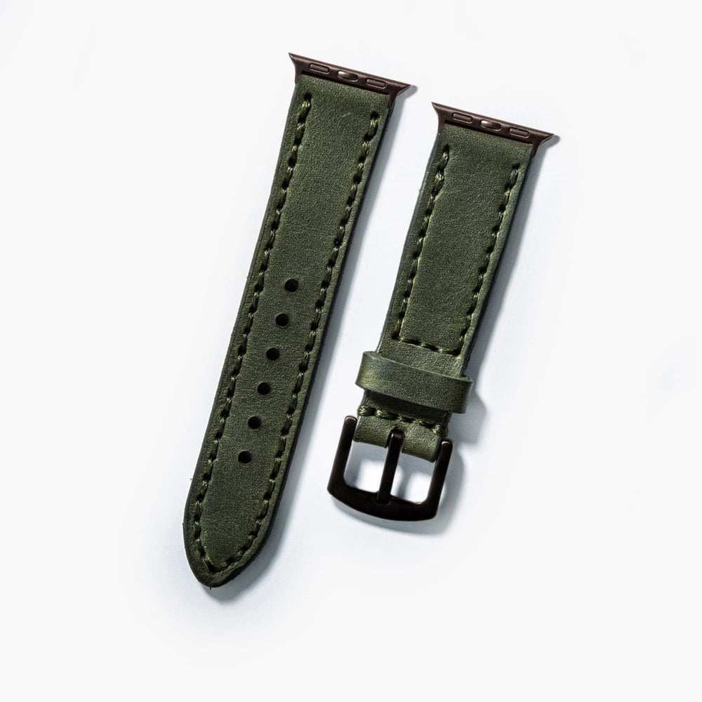 Yeşil Çift Kat Deri Apple Watch Kayışı — Apple Watch deri kayışta el dikişi detayı